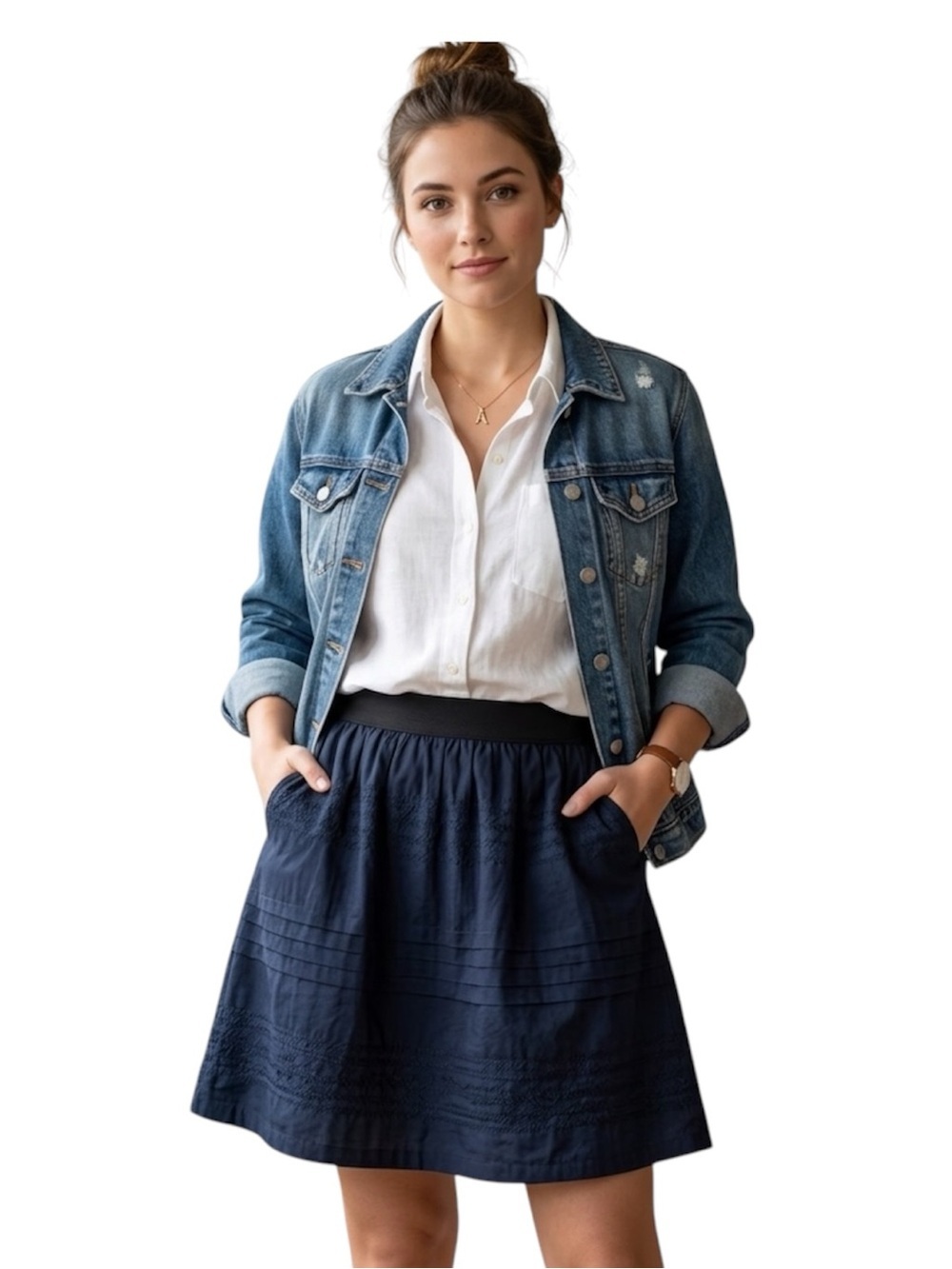 Alfani A-line mini skirt MP subtle pintuck pleats embroidered accents